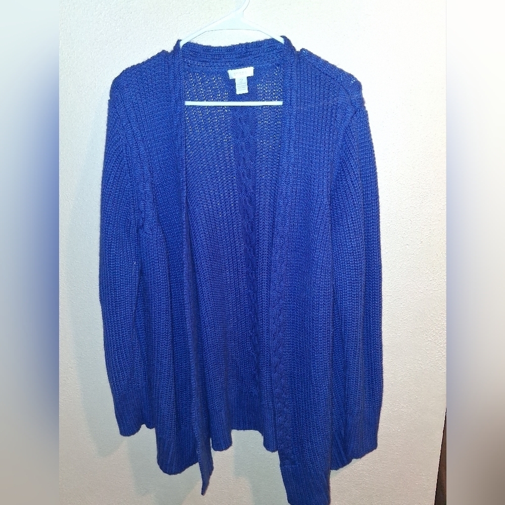 Chico's Womens Blue Cardigan Sweater Cable Knit Wool Blend Size 2 /L